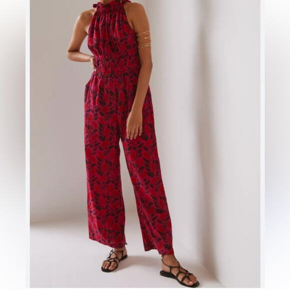 Anthropologie Kopal Deep Pink Floral Halter Jumpsuit Large - Picture 1 of 9